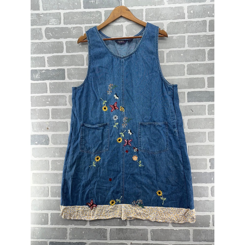 Agapo Vintage Denim Jumper Dress L Embroidered Butterfly Sunflower Cottagecore
